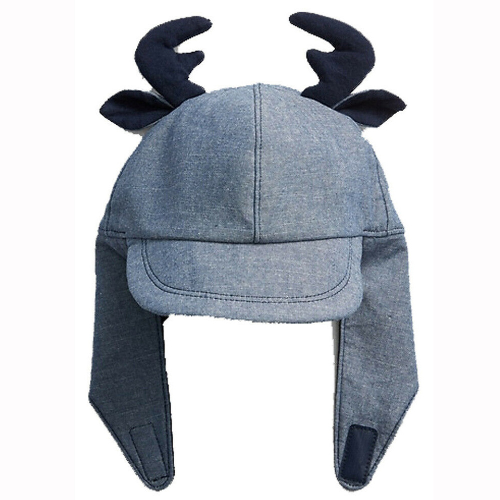 Baby Gap NWT Blue Chambray Reindeer Christmas Trapper Hat 0-6-12-18 Months
